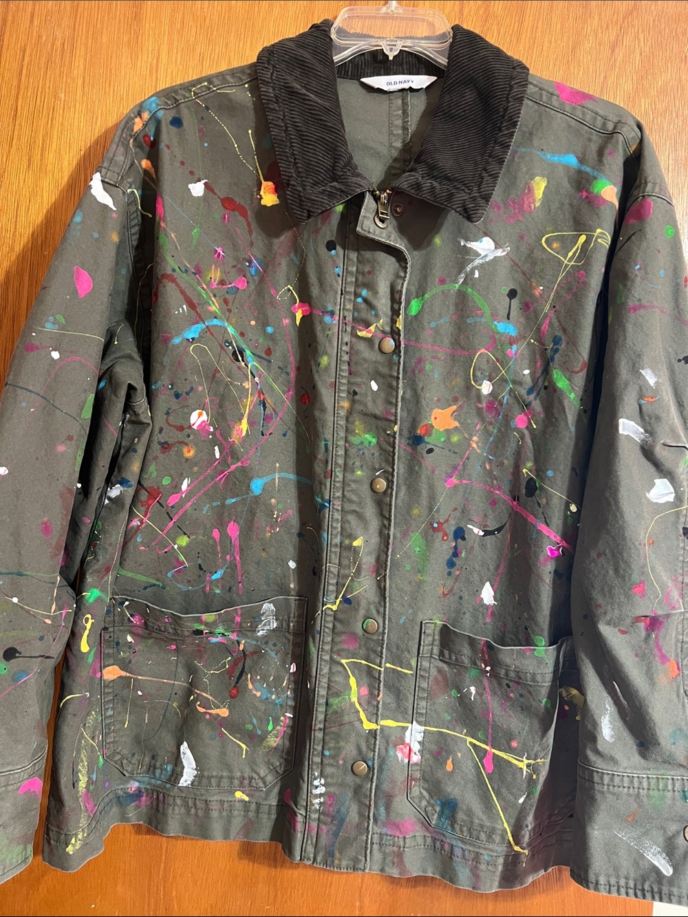 Old Navy Custom Hand Painted Splatter Barn Jacket Olive Green Canvas